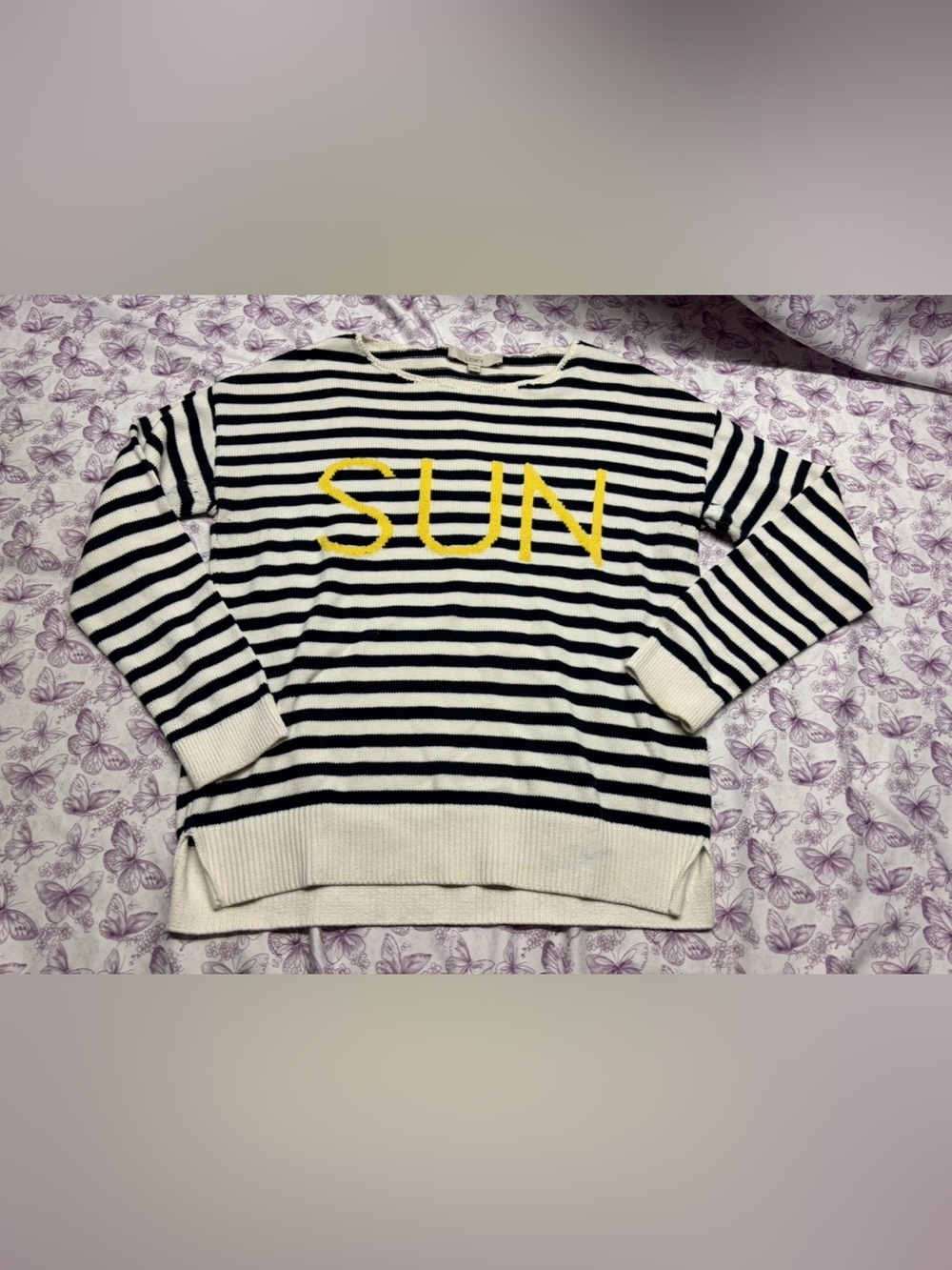 ⚛️LOFT Navy and White Striped Crewneck Sweater with Yellow SUN Detail